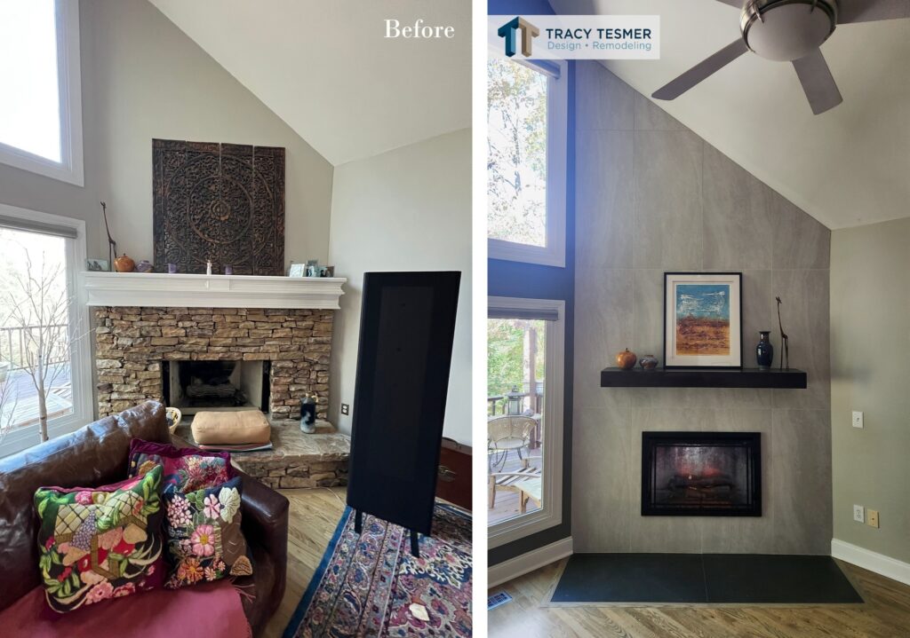 Before and After of a Fireplace Remodel, changing from traditional stone to contemporary tile surround and hearth.
